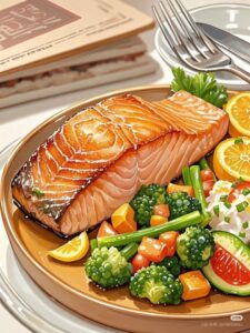 saumon, pavé de saumon, légumes, légumes sautés, couverts, fourchette, repas, plat