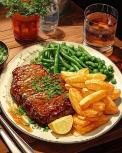 food, repas, assiette, aliments, steak, frites, légumes, haricots, table